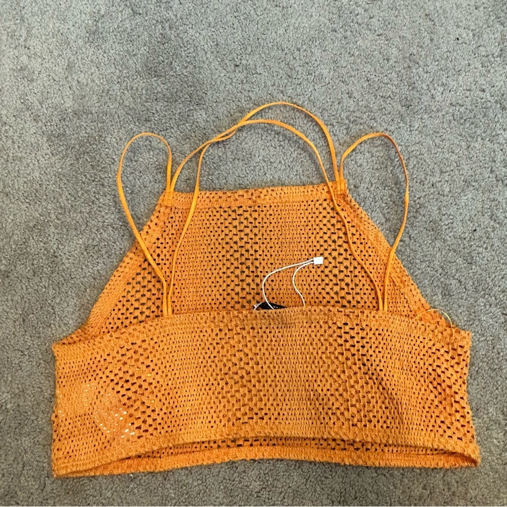 Zara orange perforated mesh knit stretchy halter top crop top strappy Sz M - Picture 4 of 11